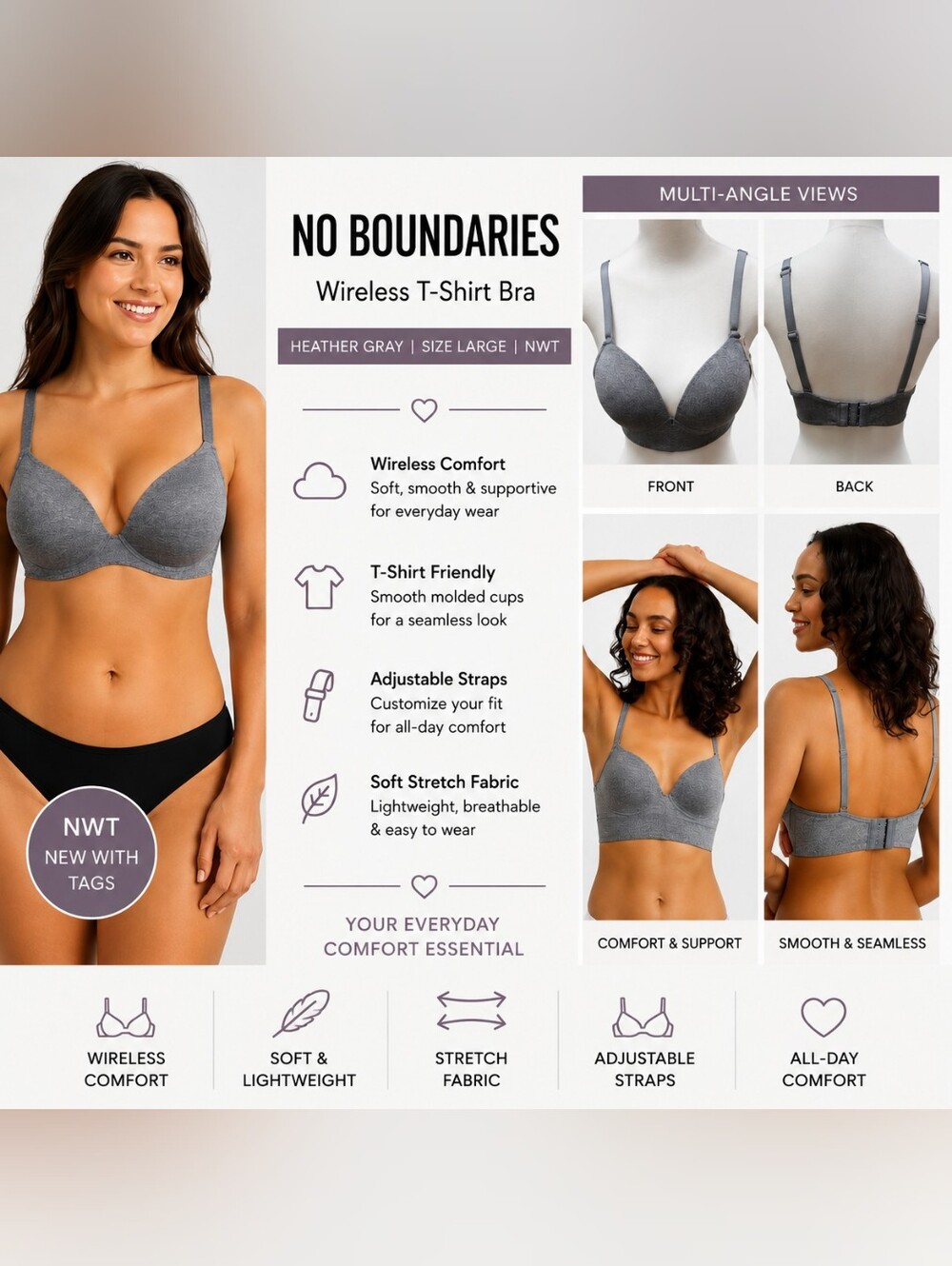 No Boundaries Heather Gray Wireless T-Shirt Bra Women’s Large NWT Soft Everyday